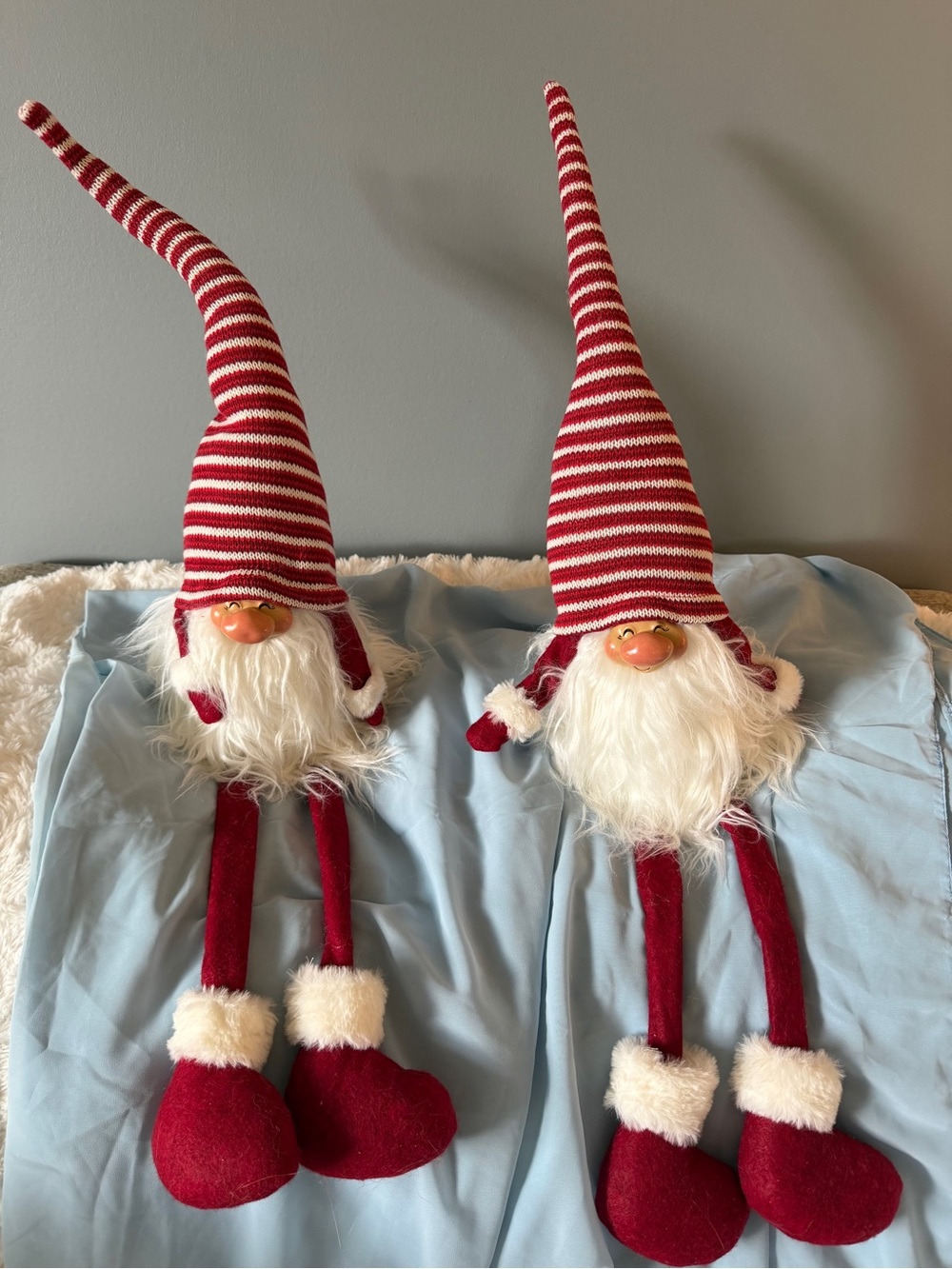Set of Two Red Striped Holiday Gnome Figurines with White Beards
